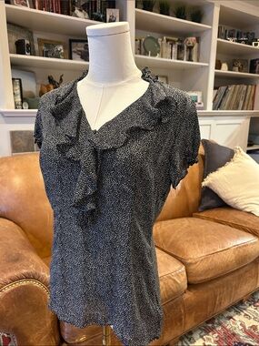 White House Black Market Black & White Polka Dot Ruffle V-Neck Blouse